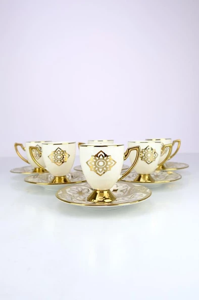 Digithome Milano 6 Kişilik 12 Parça Porselen Kahve Fincan Takımı Gold Yaldızlı Krem - VOGUE-113 C320.042 - Resim 2