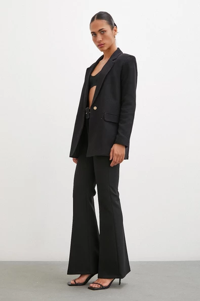 Kemerli İspanyol Paça Pantolon Siyah - Resim 3