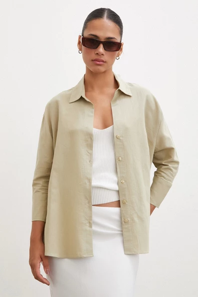 Yırtmaçlı Fakir Kol Gömlek Yeşil - Resim 4