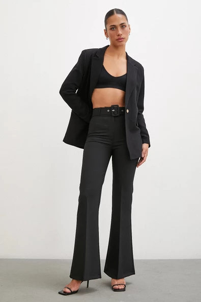 Kemerli İspanyol Paça Pantolon Siyah - Resim 2