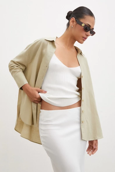 Yırtmaçlı Fakir Kol Gömlek Yeşil - Resim 3