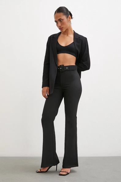 Kemerli İspanyol Paça Pantolon Siyah ürün görseli