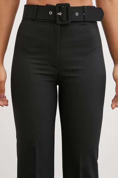 Kemerli İspanyol Paça Pantolon Siyah - Resim 5