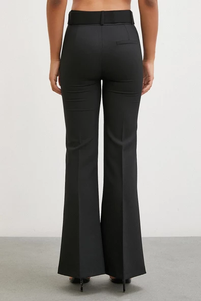 Kemerli İspanyol Paça Pantolon Siyah - Resim 6