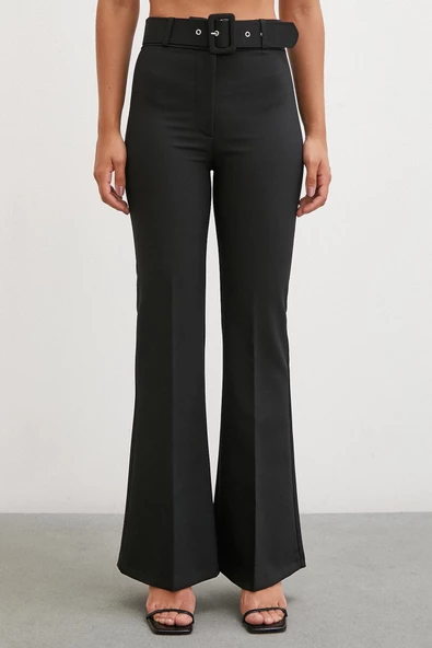 Kemerli İspanyol Paça Pantolon Siyah - Resim 4