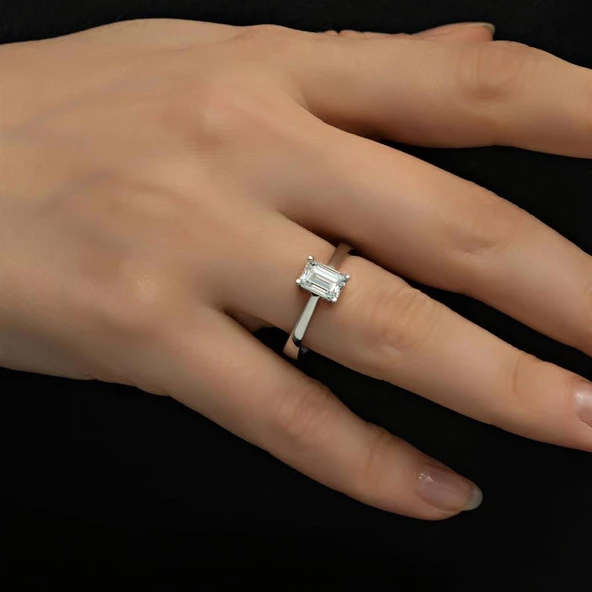 Swarovski Baget Taşlı Gümüş Tektaş Yüzük - 5