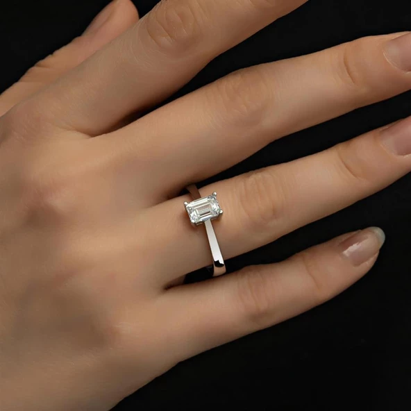 Swarovski Baget Taşlı Gümüş Tektaş Yüzük - 6