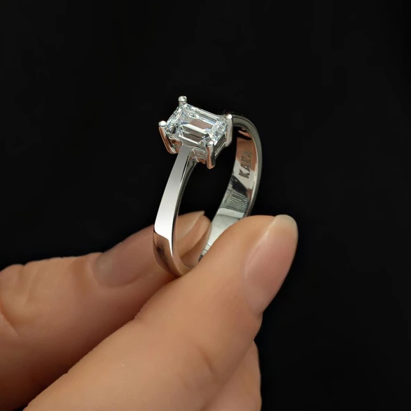 Swarovski Baget Taşlı Gümüş Tektaş Yüzük - 2