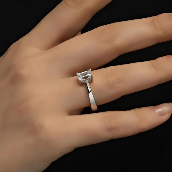 Swarovski Baget Taşlı Gümüş Tektaş Yüzük - 3