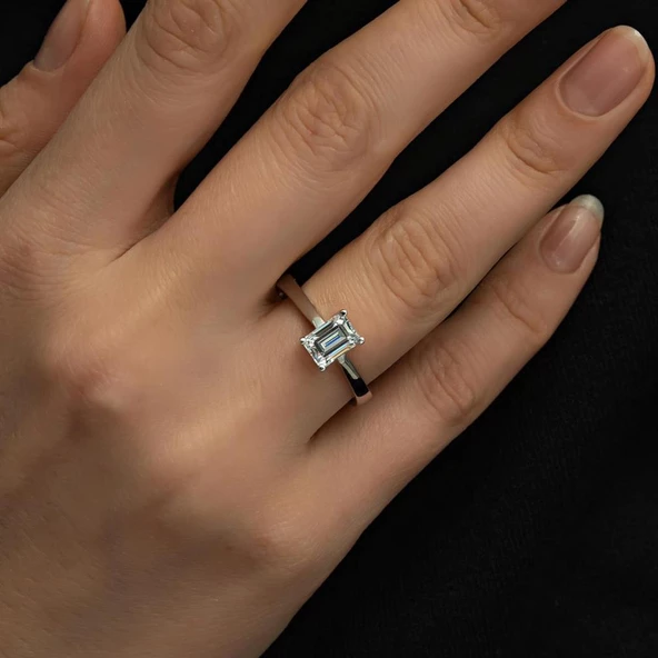 Swarovski Baget Taşlı Gümüş Tektaş Yüzük - 7