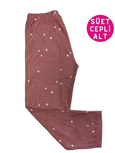 Kadın Desenli Kışlık İnce Yumuşak Süet Cepli Pijama Tek Alt - 6