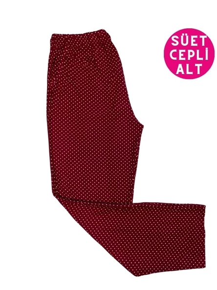 Kadın Desenli Kışlık İnce Yumuşak Süet Cepli Pijama Tek Alt - 5