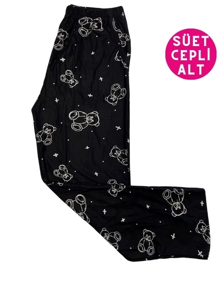 Kadın Desenli Kışlık İnce Yumuşak Süet Cepli Pijama Tek Alt - 7