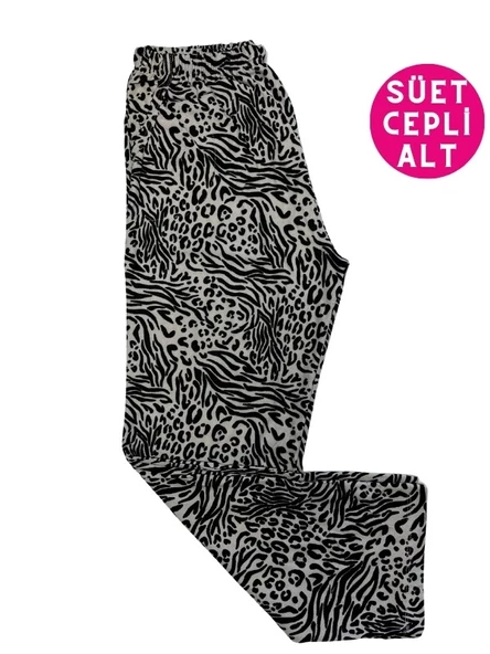 Kadın Desenli Kışlık İnce Yumuşak Süet Cepli Pijama Tek Alt - 3