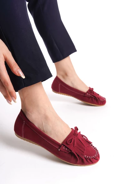 PS-100 Bordo Süet Püsküllü Günlük Kadın Babet - 4