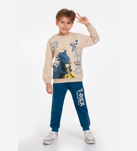 TRİLİYA-Çocuk Eşofman Takımı 3-10 Yaş, Dinazor Baskılı, Cepli Lüks Günlük ve Okul, Likralı Kumaş - 7