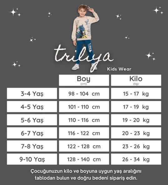 TRİLİYA-Çocuk Eşofman Takımı 3-10 Yaş, Dinazor Baskılı, Cepli Lüks Günlük ve Okul, Likralı Kumaş - 9
