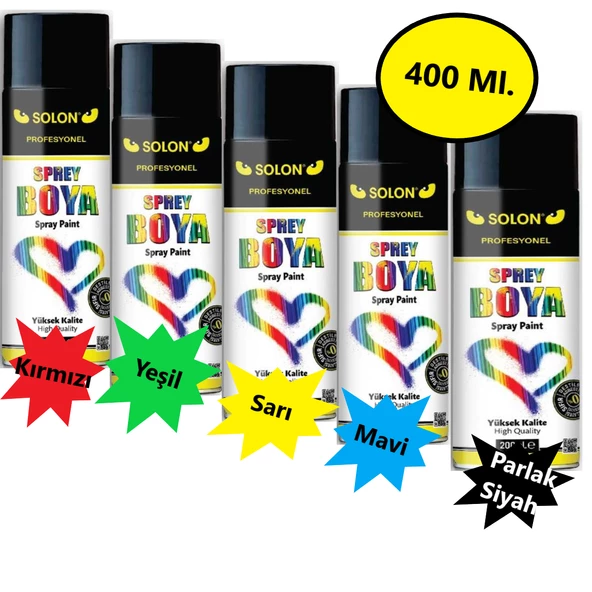 Sprey Boya 400 Ml Gökkuşağı (Sarı, Mavi, Yeşil, Kırmızı ve Parlak Siyah) 5 Renk