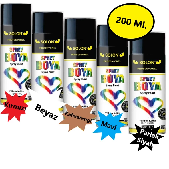 Rengarenk Sprey Boya 200 Ml (Sarı, Mavi, Yeşil, Kırmızı ve Parlak Siyah) 5 Renk