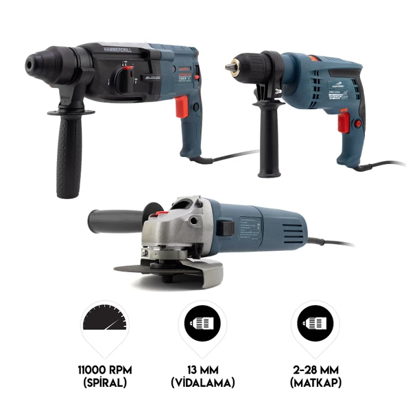 Dawreek Üçlü Set Kablolu (2-28 Hilti+115mm Spral+13mm Vidalama)