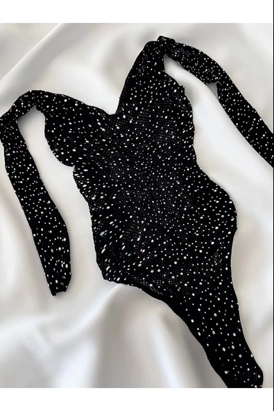 Beatiful Parlak Elmas Taşlı Omuz Detaylı File Kadın Body Bluz - 3