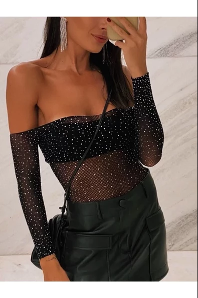 Beatiful Parlak Elmas Taşlı Omuz Detaylı File Kadın Body Bluz - 5
