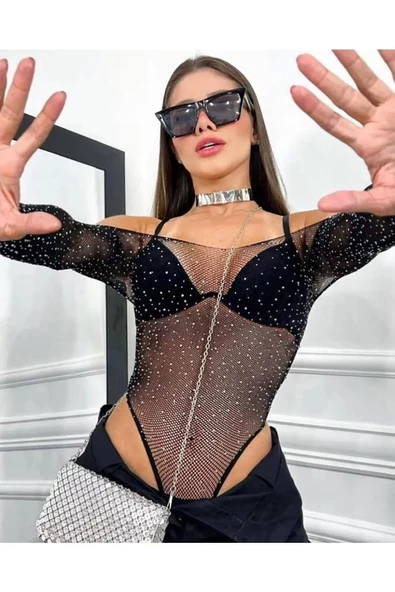 Beatiful Parlak Elmas Taşlı Omuz Detaylı File Kadın Body Bluz - 4