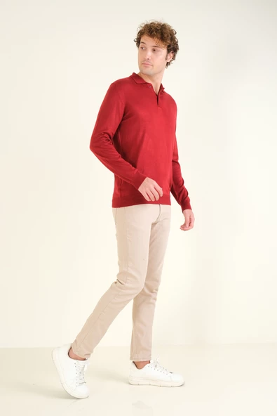 Erkek Düğmeli Polo Yaka Kazak Bordo - 5