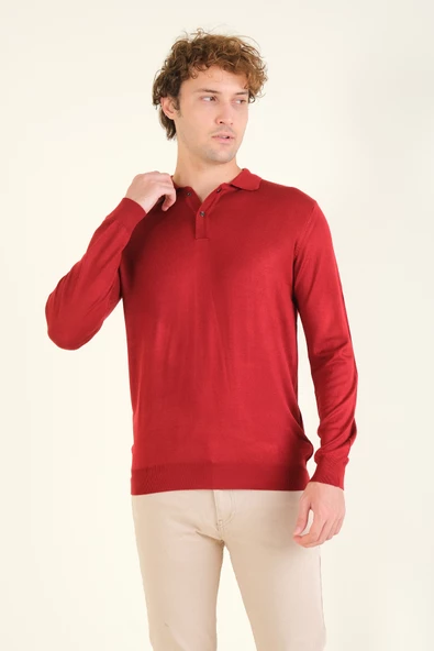 Erkek Düğmeli Polo Yaka Kazak Bordo - 2