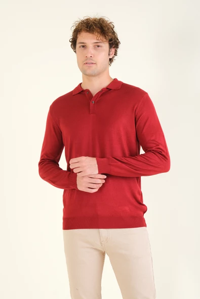 Erkek Düğmeli Polo Yaka Kazak Bordo