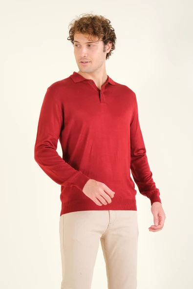 Erkek Düğmeli Polo Yaka Kazak Bordo - 4
