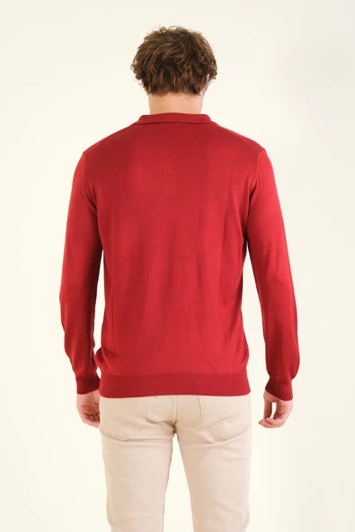 Erkek Düğmeli Polo Yaka Kazak Bordo - 6