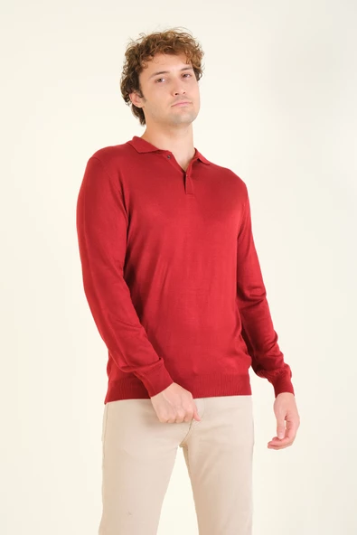 Erkek Düğmeli Polo Yaka Kazak Bordo - 3