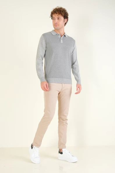 Erkek Desenli Polo Yaka Kazak Gri - 5