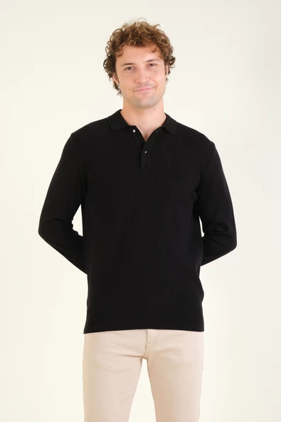 Erkek Desenli Polo Yaka Kazak Siyah - Resim 3