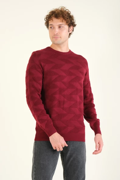 Erkek Kendinden Desenli Sıfır Yaka Kazak Bordo