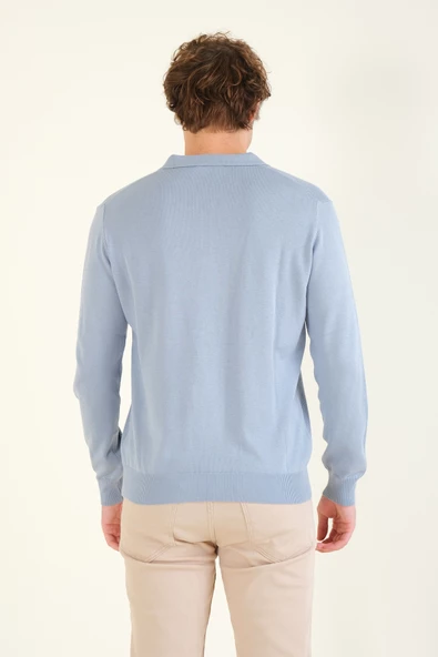 Erkek Yarım Fermuarlı Polo Yaka Kazak Açık Mavi - Resim 6