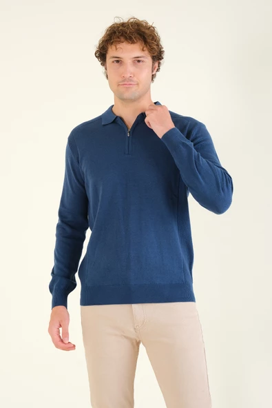 Erkek Yarım Fermuarlı Polo Yaka Kazak Petrol Mavi - 2