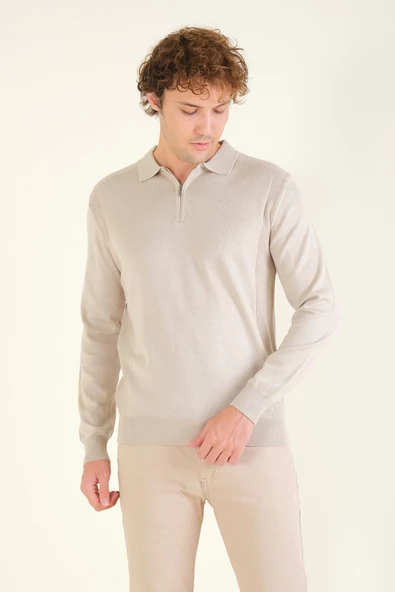 Erkek Yarım Fermuarlı Polo Yaka Kazak Taş - 3