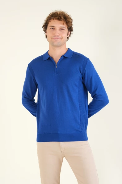 Erkek Yarım Fermuarlı Polo Yaka Kazak Saks Mavi - 4