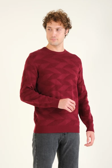 Erkek Kendinden Desenli Sıfır Yaka Kazak Bordo - 4