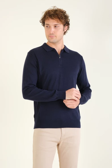 Erkek Yarım Fermuarlı Polo Yaka Kazak Lacivert - 4