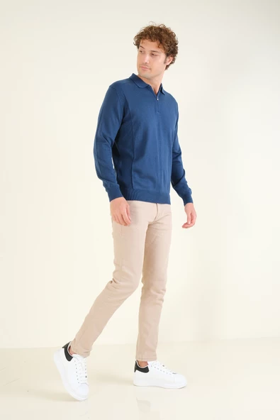 Erkek Yarım Fermuarlı Polo Yaka Kazak Petrol Mavi - 5