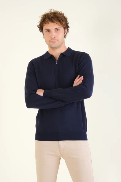 Erkek Yarım Fermuarlı Polo Yaka Kazak Lacivert - 3