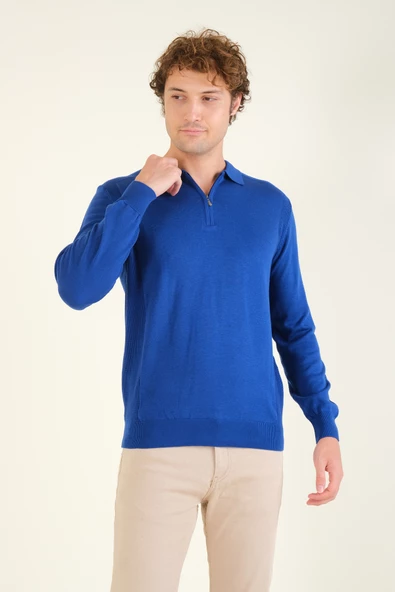 Erkek Yarım Fermuarlı Polo Yaka Kazak Saks Mavi - 3