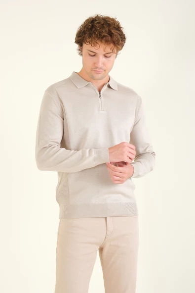 Erkek Yarım Fermuarlı Polo Yaka Kazak Taş