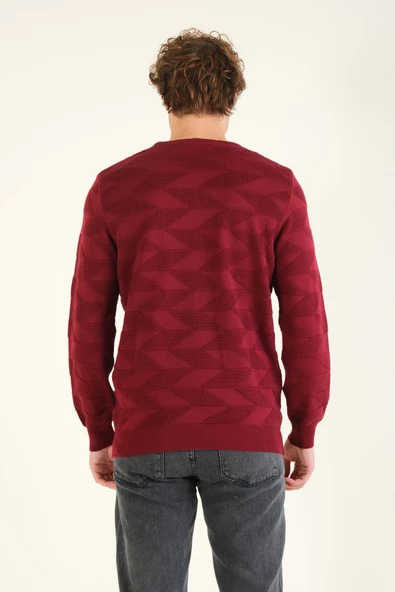 Erkek Kendinden Desenli Sıfır Yaka Kazak Bordo - 6