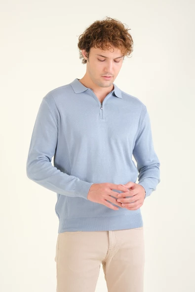 Erkek Yarım Fermuarlı Polo Yaka Kazak Açık Mavi - Resim 2