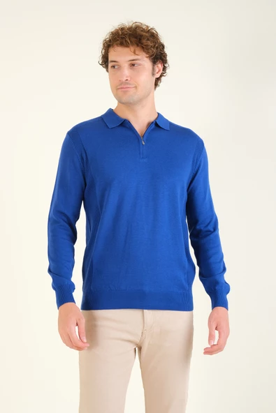 Erkek Yarım Fermuarlı Polo Yaka Kazak Saks Mavi - 2