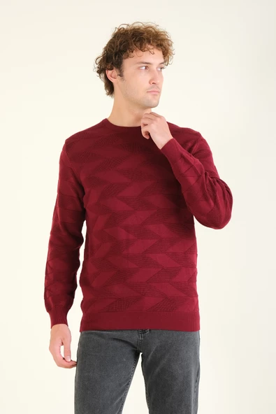 Erkek Kendinden Desenli Sıfır Yaka Kazak Bordo - 3